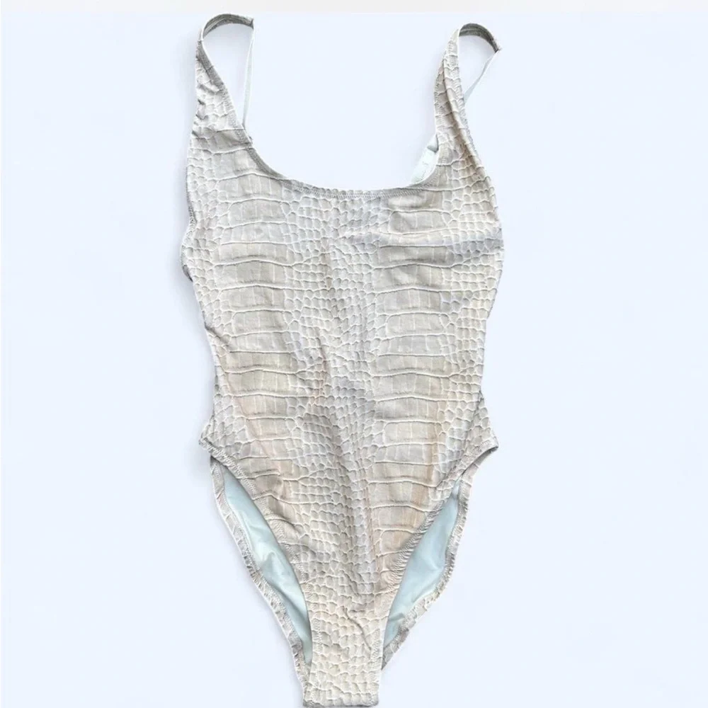 SKIMS Egret Crocodile Print Recycled Swim Scoop Neck One Piece *NWT